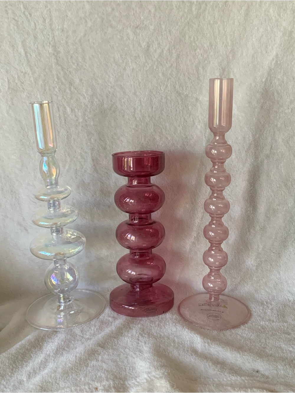 Anthropologie Set of Three Art Glass Bubble Candle Holders Mauve Pink Iridescent